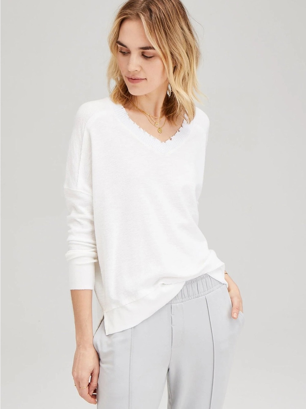 Grey State Hudson V-Neck Raw-Edge Pullover Cotton Spa White Shirt Top Size Small